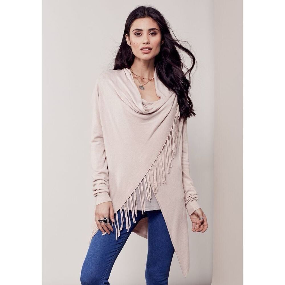 NEW Lovestitch Ecru Drape Neck Fringed Wrap Sweater Sz L Boho, Classic NWT